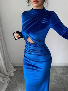Rafferiza 女士优雅性感修身连衣裙，长袖中式领修身天鹅绒面料侧开衩深蓝色连衣裙，秋冬 - 寶藍色 - 查看 7