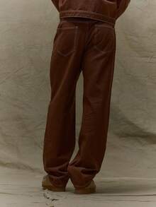 Musero Jeans rectos de hombre con detalles de costuras contrastantes, cierre con botones, para otoño, primavera y verano - Marrón - Ver 4