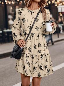 SHEIN LUNE 女式梭织休闲度假印花秋季连衣裙 - 杏色 - 查看 3