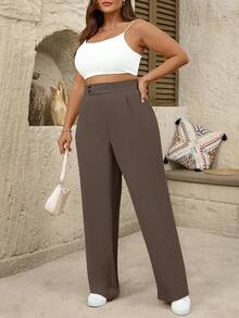 SHEIN Tall 大码女式高腰褶皱阔腿休闲裤 - 摩卡棕 - 查看 3