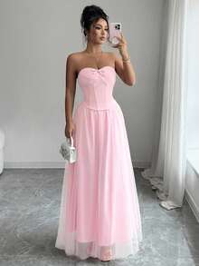 SHEIN Elenzya 优雅的粉色套装，包括带骨抹胸上衣 + 喇叭网裙，适合舞会、情人节约会、万圣节、圣诞派对、新年庆祝活动和日常通勤等正式场合，秋季 - 粉色 - 查看 1