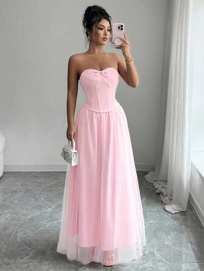 SHEIN Elenzya Elegant Pink Outfit, Includes Boned Bandeau Top + Flared Mesh Skirt, Suitable For Formal Occasions Like Balls, Valentine's Day Dates, Halloween, Christmas Parties, New Year Celebrations, And Daily Commute, Autumn