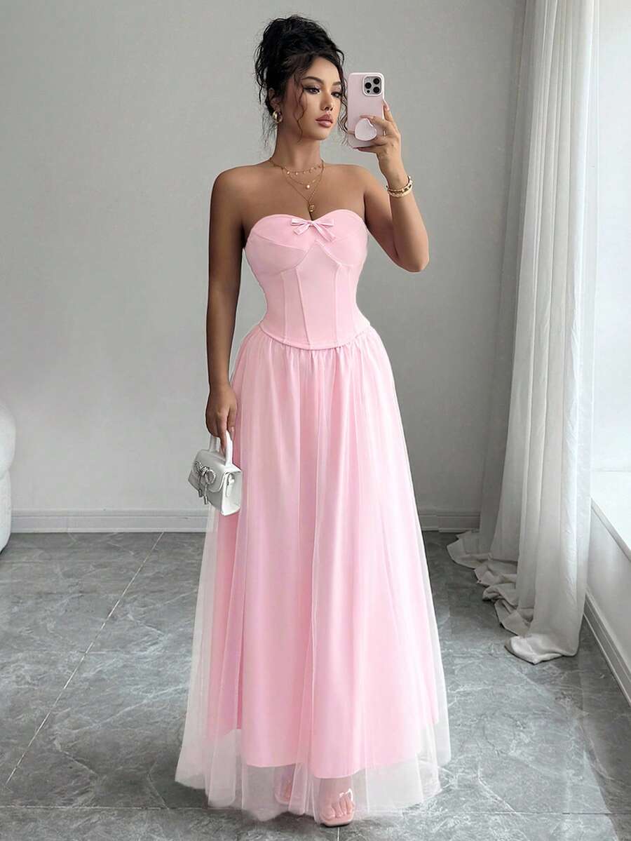 SHEIN Elenzya 优雅的粉色套装，包括带骨抹胸上衣 + 喇叭网裙，适合舞会、情人节约会、万圣节、圣诞派对、新年庆祝活动和日常通勤等正式场合，秋季 - 粉色 - 查看 1