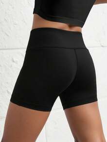 Shorts skinny esportivos para meninas adolescentes, cor sólida, liso, com cós elástico, tecido elástico alto e quatro direções, adequado para ciclismo, corrida e treinamento