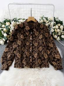 EMERY ROSE 女式黑色和金色提花面料长袖休闲通勤优雅复古衬衫 - 黑色和金色 - 查看 3