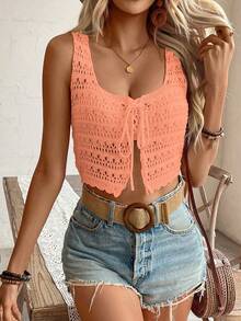 EMERY ROSE Women's Vacation Casual Solid Color Hollow Out Knit Top - Coral Orange - View 3
