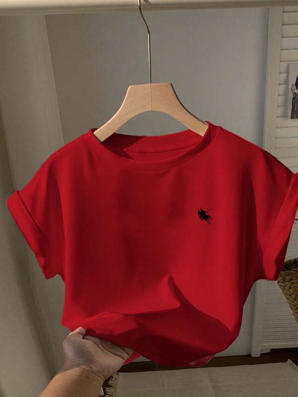 Comfortcana Camiseta holgada de mujer de manga corta, cuello redondo y estilo minimalista casual con estampado de poni