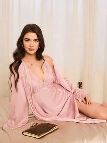 Moireta Reife, elegante französische Art sexy Spitzen-Camisole Kleid und Spitzen-Bademantel 2-teiliges Nachtwäsche Set für Frauen Seide Nachthemd Lingerie Bademantel Set Nachthemd und Bademantel Set Seide Bademantel Set Schlafanzüge Frauen Seide, Winterkleidung - Pink - Übersicht 5