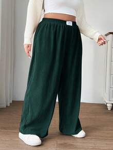 SHEIN EZwear 大码女式高腰宽松灯芯绒裤，带口袋和贴片设计，适合校园、日常穿着和室内工作，秋冬季，深绿色 - 墨綠色 - 查看 5