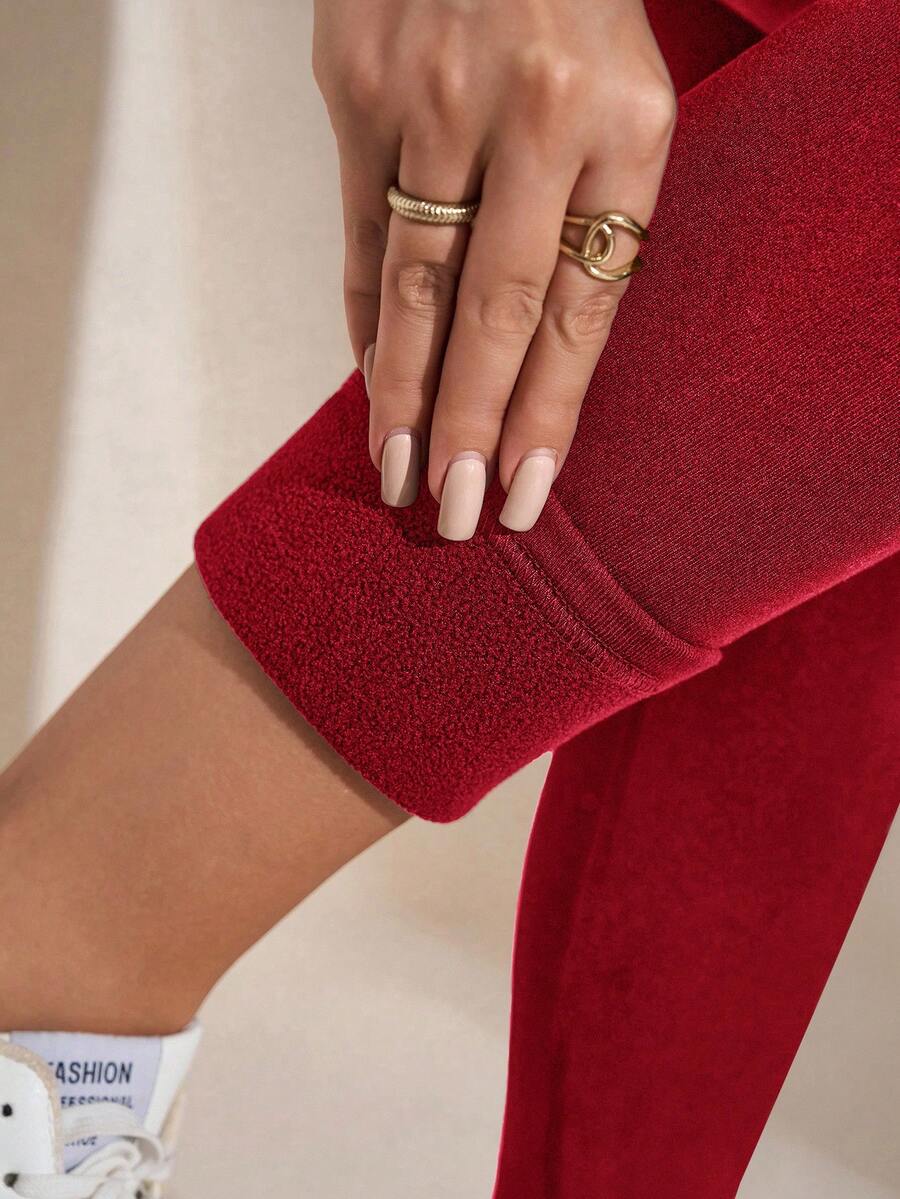 SHEIN LUNE Quần legging lót nhiệt màu trơn cỡ lớn, mặc thường ngày cho mùa thu/đông - Đỏ - Xem 1