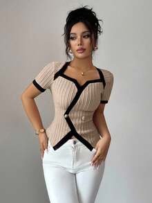 Elenzga 女式复古美式风格拼色不对称设计短袖T恤 - 杏色 - 查看 6