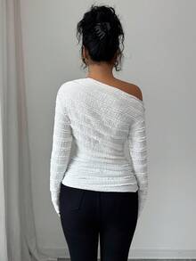 SHEIN Elenzya Elegant Asymmetric Ruffle Long Sleeve T-Shirt With Textured Fabric And Frill Trim, Suitable For Autumn - White - View 2