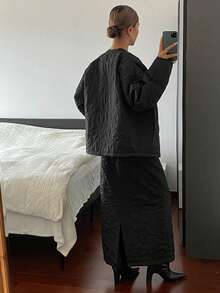 Livesso Ensemble veste matelassée ample et jupe évasée pour femmes, style casual business, épais pour l'automne et l'hiver - Noir - Voir 5