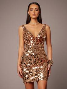 Silquee 时尚性感亮片露背紧身迷你连衣裙 - 金色 - 查看 4