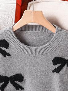 Tween Girl Ballet Style Bow Knit Sweater, Sweet & Cool Black Bow Pullover, Round Neck Loose Fit Jumper - Black - View 8