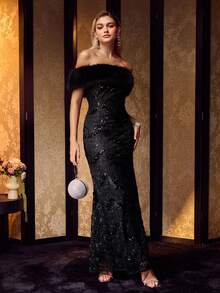 MOTF Soiréza SEQUIN EMBROIDERY FUZZY OFF SHOULDER PROM DRESS, PARTY - Black - View 5