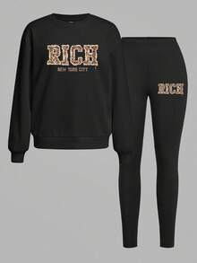 Slaydiva 2 pezzi Set di felpa e leggings casual con stampa leopardata e slogan, adatto per uso all'aperto in primavera/autunno - nero - Visualizzare 2