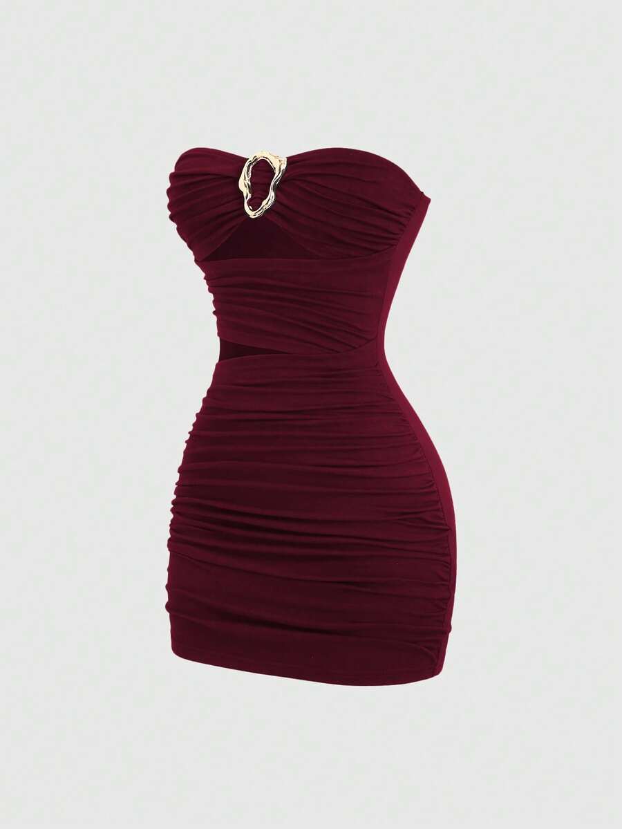 Sweetra 女式性感修身金属扣迷你连衣裙 - 紅木色 - 查看 1