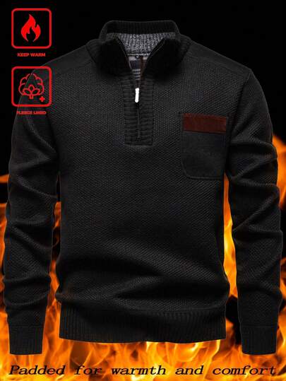 Calvornis 男士休闲撞色贴袋半拉链保暖内衬毛衣，秋冬圣诞款，长袖上衣
