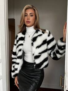 Elenzga Women's Elegant Zebra Print Faux Fur Wavy Casual Loose Short Faux Fur Jacket, Winter - Multicolor - View 6