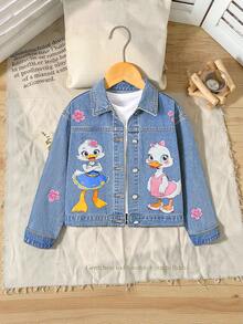 Sparklyn Tween Girls' Fashionable & Cute Cartoon Animal & Floral Print Washed Denim Jacket Fall Winter - Light Wash - View 1
