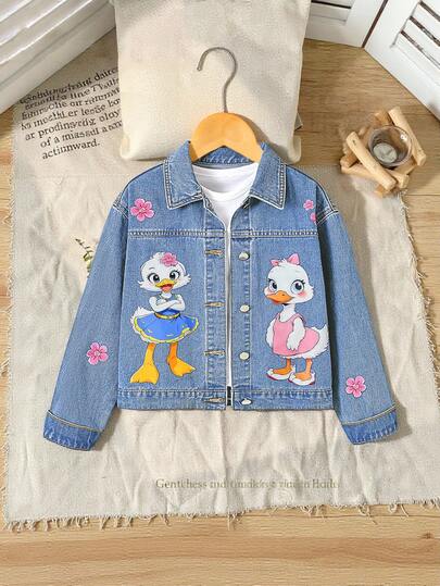 Sparklyn Tween Girls' Fashionable & Cute Cartoon Animal & Floral Print Washed Denim Jacket Fall Winter