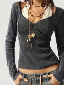 Bohemela Women's Casual Solid Color Knit Sweetheart Neck Long Sleeve Fitted Washed T-Shirt - Black - View 1