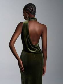 Elitara 优雅荷叶边领露背美人鱼下摆紧身开衩连衣裙，适合婚礼、派对、度假、舞会、伴娘（成人） - 綠色 - 查看 7