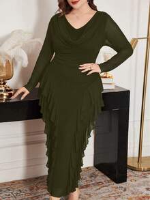 Modelyn Plus Size Elastic Mesh Scoop Neck Ruffle Hem Bodycon Elegant Dress, Spring/Summer - Army Green - View 1