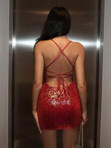 Glamine 女士迷人派对绷带吊带紧身连衣裙 - 酒紅色 - 查看 2