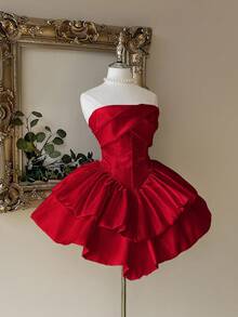 Lovelzi Vestido elegante y lujoso de falda de pastel de doble capa con cintura ceñida y sin tirantes de satén blanco, adecuado para despedida de soltera, boda, graduación, vacaciones, baile formal - Rojo - Ver 6