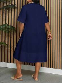Slaydiva Plus Size Elegant & Commute & Vacation & Daily Loose Solid White Short Sleeve Notched Neck A-Line Knee-Length Dress For Women, Spring/Summer - Navy Blue - View 3