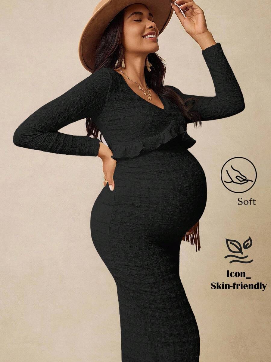 Boho Mama 孕妇休闲纯色纹理修身连衣裙，秋季 - 黑色 - 查看 1
