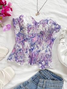 Soleia 性感露肩蕾丝双层合身束腰上衣，花卉刺绣镂空浪漫甜美粉色上衣，女士夜店装