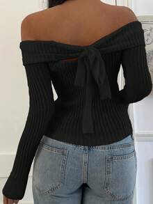 SHEIN EZwear Women's Casual Solid Color Off-Shoulder Sweater, Autumn - Black - View 5