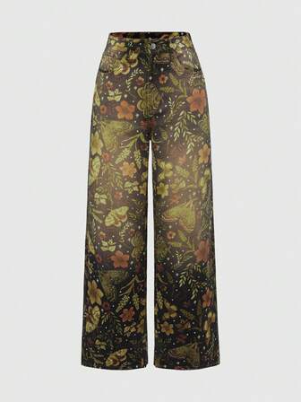 Fairycore Jeans anchos de pierna ancha con lavado y estampado floral vintage para mujer