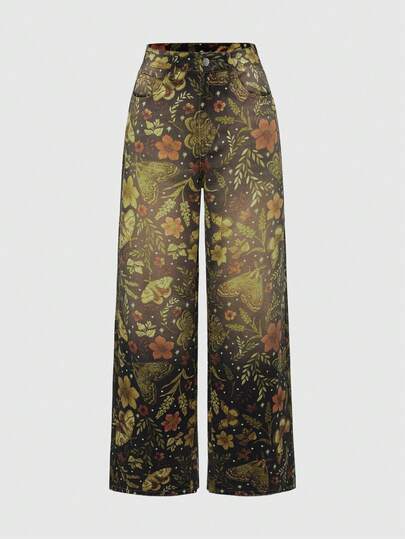 Fairycore جينز نسائي واسع الساق مغسول بطبعة زهرية عتيقة