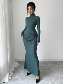 SHEIN Elenzya 女式纯色高领长袖 T 恤和褶皱美人鱼下摆半身裙两件套，优雅合身 - 墨綠色 - 查看 5
