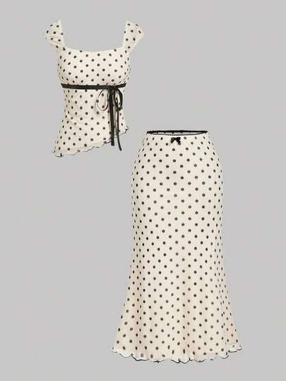 SHEIN MOD Women's Polka Dot 2pcs Set: Asymmetric Hem Top & Low Waist Fish Tail Skirt With Bow Decor,Retro,Vintage,Two Pieces Summer Set,Wedding Guest,Vacation,Birthday Outfits For Women,Country Concert Outfit,Concert Outfit Women,Boho,Vacation Two Pieces Set,Hawaii Outfits Women,Brunch Outfits For Women