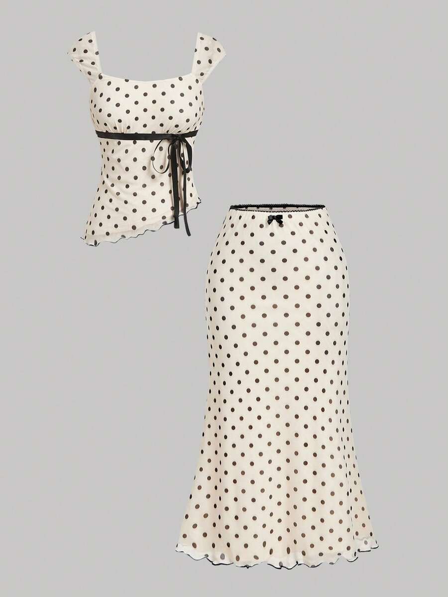 SHEIN MOD 女式波尔卡圆点两件套：不对称下摆上衣和低腰鱼尾裙，带蝴蝶结装饰，复古，复古，两件套夏季套装，婚礼宾客，度假，女士生日服装，乡村音乐会服装，女士音乐会服装，波西米亚风，度假两件套，女士夏威夷服装，女士早午餐服装 - 彩色 - 查看 1