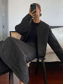 Livesso Ensemble veste matelassée ample et jupe évasée pour femmes, style casual business, épais pour l'automne et l'hiver - Noir - Voir 2