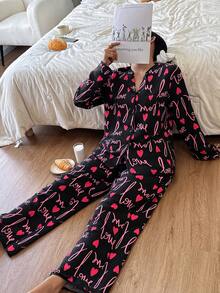 SHEIN 黑色爱心印花荷叶边前襟女士睡衣两件套，秋冬服装 - 彩色 - 查看 6