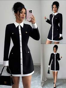 Elenzga Elegant Back To School Cocktail Party Date Night Office Commute Women's Slim Fit Color Block Button Decor Shirt Collar Long Sleeve Mini Dress, Autumn/Winter
