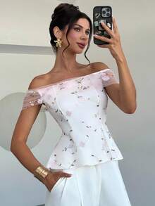 Firerie Women's Elegant Romantic Delicate New Fashion Vacation Date Off Shoulder Floral Embroidery Mesh Cinched Waist X-Shaped Pink Blouse Top - Pink - View 1