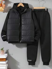 3pcs/Set Teenage Boys Casual Sports Thick Quilted Sleeveless Vest Jacket, Hooded Pullover Sweatshirt, And Outdoor Drawstring Pants, Autumn/Winter