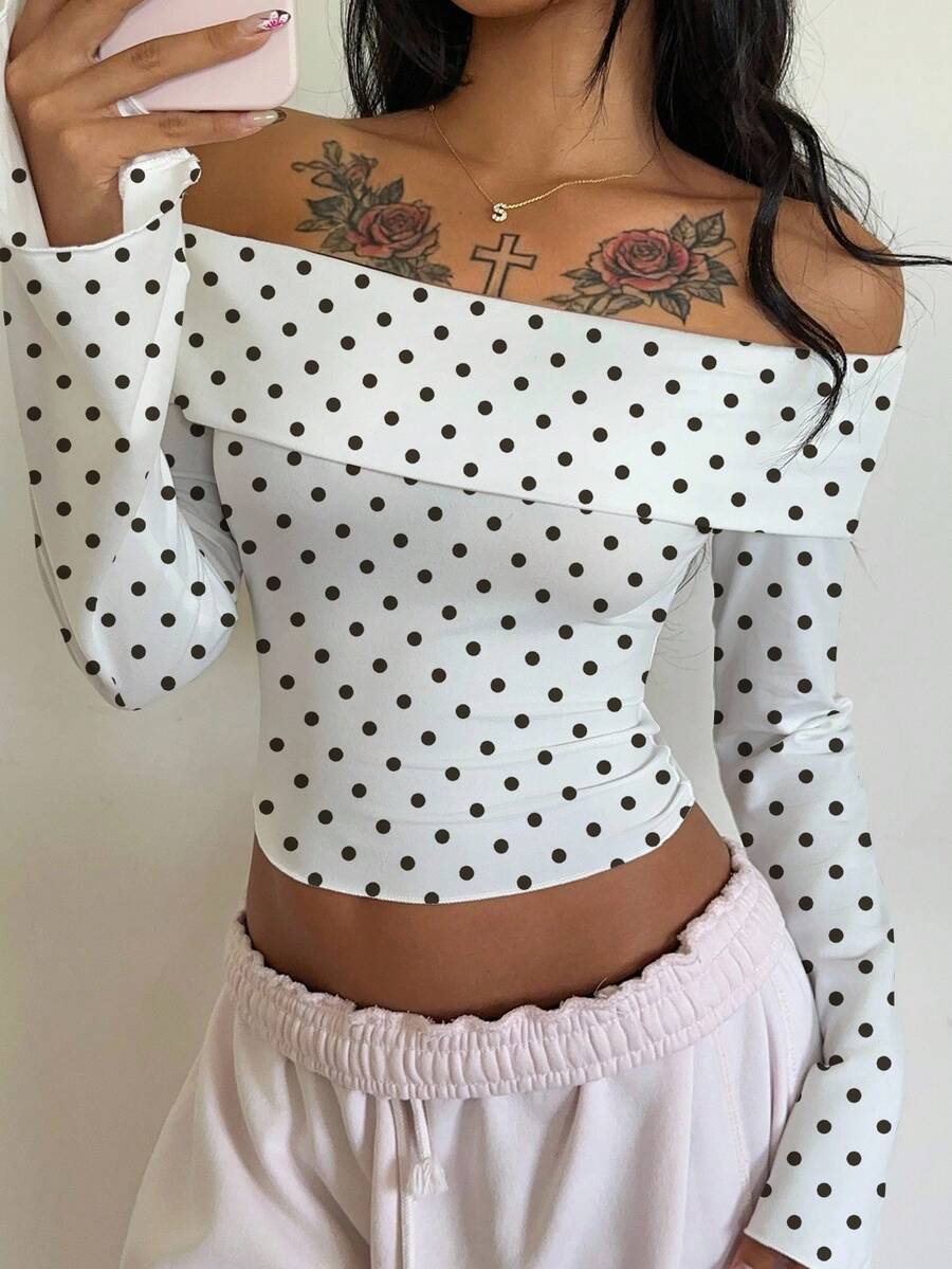 SHEIN EZwear Áo bó sát tay dài hở vai đơn giản dành cho nữ, phù hợp cho mùa thu/đông - Nhiều màu - Xem 1