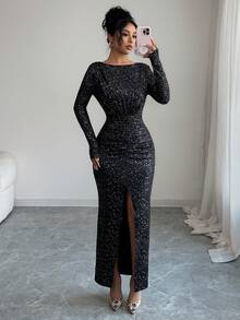 Rafferiza Women Elegant Black Shiny Party Dress For Autumn Dining, Round Neck Shoulder Ruffles Front Center Pleats Hem Slit Long Hot Silver Fabric Gown - Black - View 5