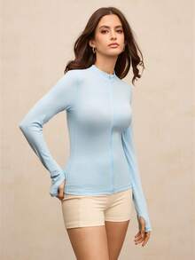 Activina 纯色拉链修身透明长袖运动夹克，夏季 - 藍色 - 查看 3