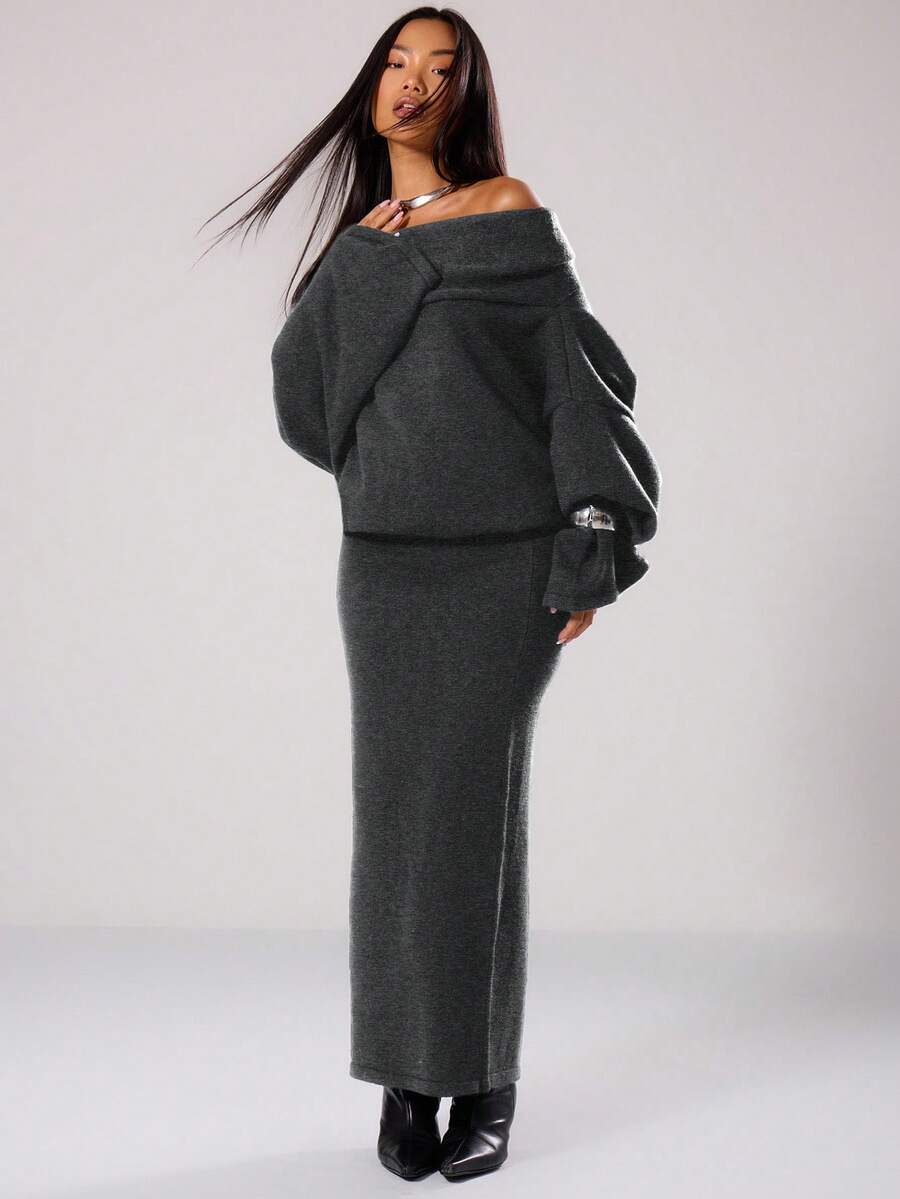MUSERA Knit Off The Shoulder Maxi Sweater Dress Spring Y2K 90's Casual Cute Holiday Summer Festival Fall Autumn Winter Everyday  Evening Party Elegant - Dark Grey - View 1
