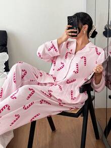 SHEIN Plus Size Women Christmas Candy Cane Striped Lapel Long Sleeve Top & Pants Pajama Set Curve Pajamas Set Pajama Sets For Women Long Sleeve Comfy Pajamas Set Women Pajama, Cozy Outfit, Fall Winter Clothes - Multicolor - View 5